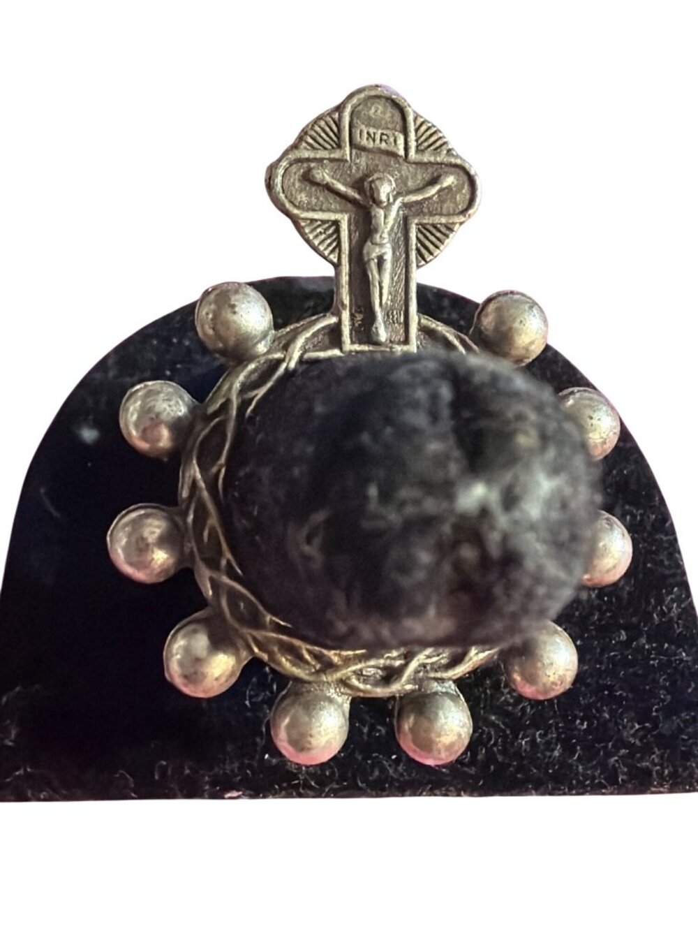 Vintage Silver Tone Finger Rosary Ring INRI Cross Virgin Mary Decade Italy 8.25